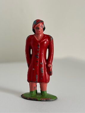 Vintage Red Painted Metal Figurine Woman- Small Toy